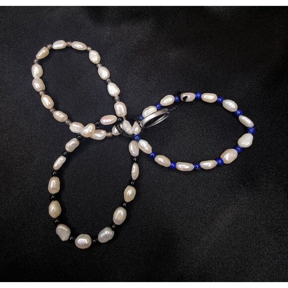 Honora Freshwater Pearl & Blue Bead Stretch Bracelets Set Of 3 - Picture 5 of 5